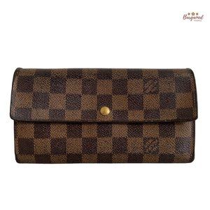 Authentic Louis Vuitton Damier Ebene Coated Canvas Leather Sarah Long Wallet